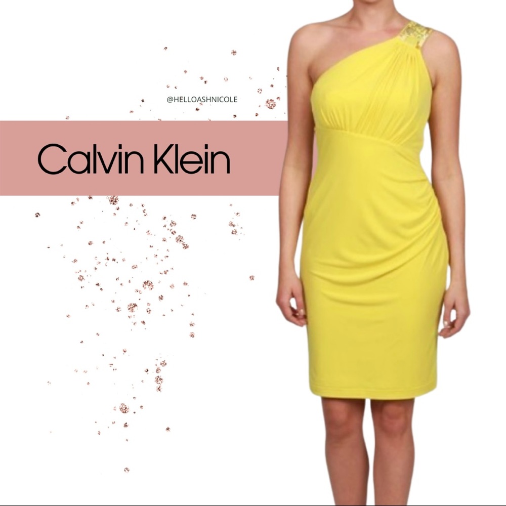 Calvin Klein Yellow One-Shoulder Midi Dress